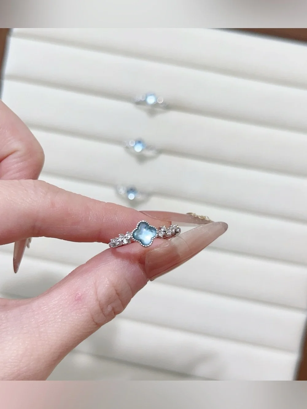 Natural Blue Aquamarine Four-Leaf Clover Ring Silver Plated Dainty Open Ring